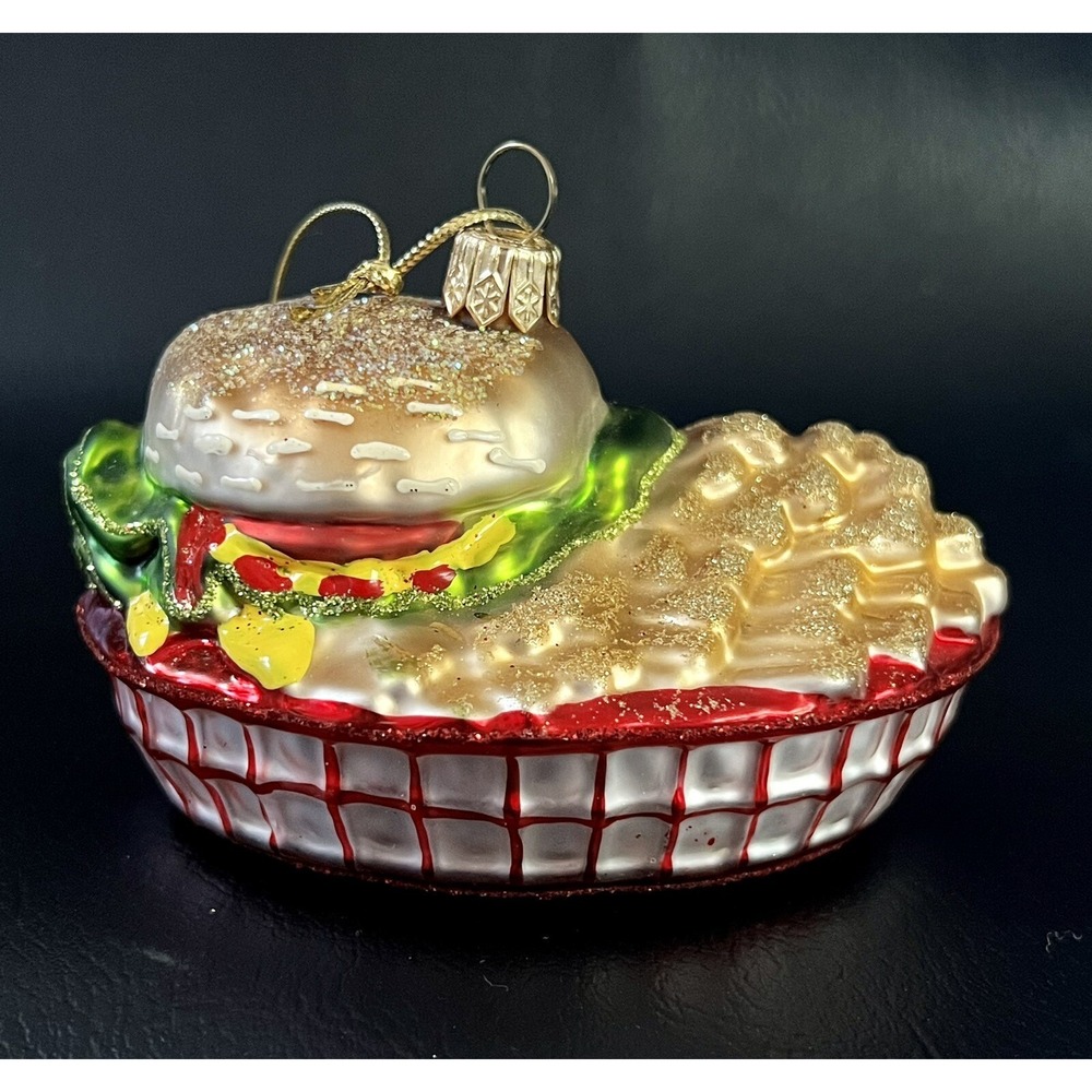 Sur‎ La Table Ornament Cheeseburger & Fries Mouth Blown Glass Made in Poland NWT